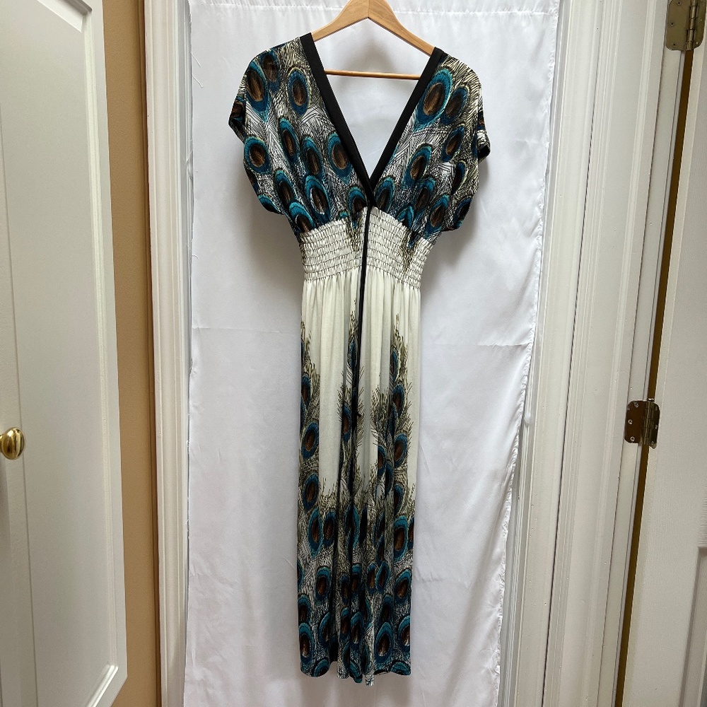 V-Neck Peacock Maxi Dress (L)